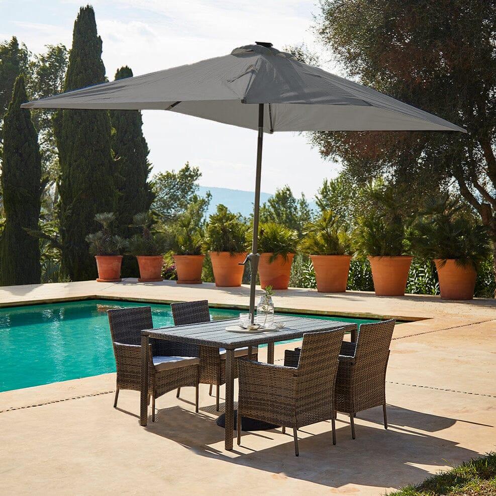 Marston 4 Seater Rattan Garden Dining Set with Grey LED Premium Parasol - Grey - Polywood Top