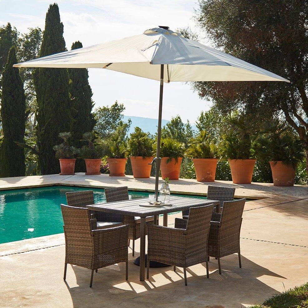 Marston 6 Seater Rattan Garden Dining Set with Cream Parasol - Grey - Polywood Top