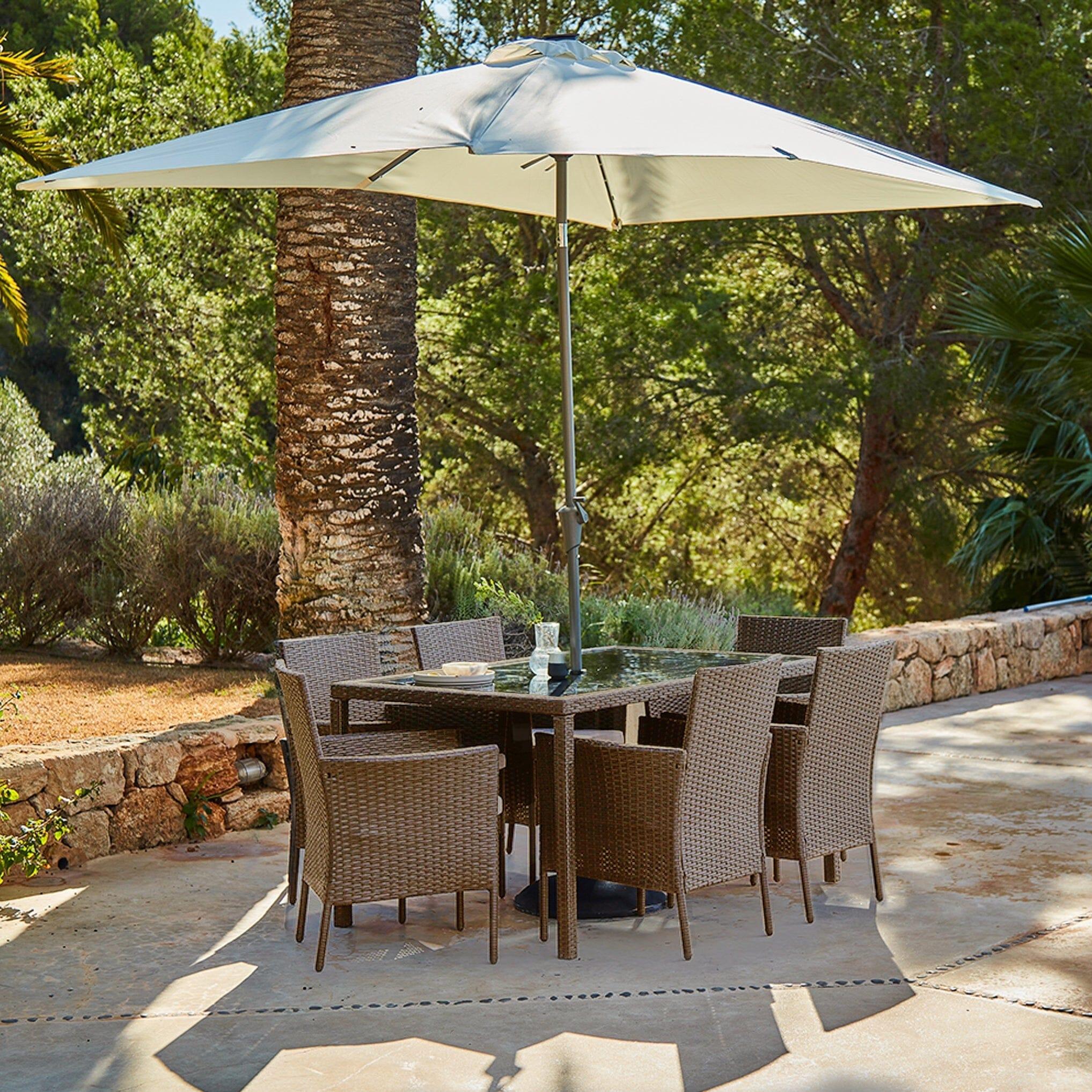 Marston 6 Seater Rattan Garden Dining Set with Cream LED Premium Parasol - Natural Brown - Glass Top