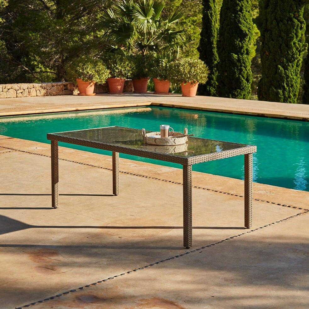 Marston 8 Seater Rattan Garden Dining Set with Cream Parasol - Natural Brown - Glass Top - Image 4