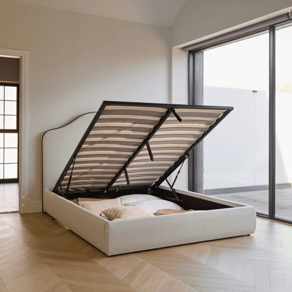 Odette King Size Ottoman Bed - Ivory - Jet Black Piping - Image 2