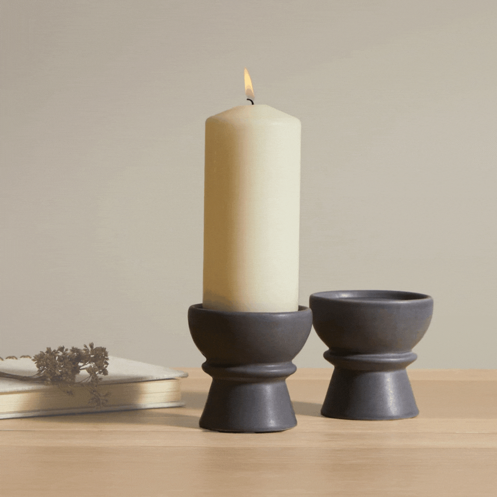 Ackton 9cm Ceramic Pillar Candle Holder - Set of 2 - Grey - Image 2