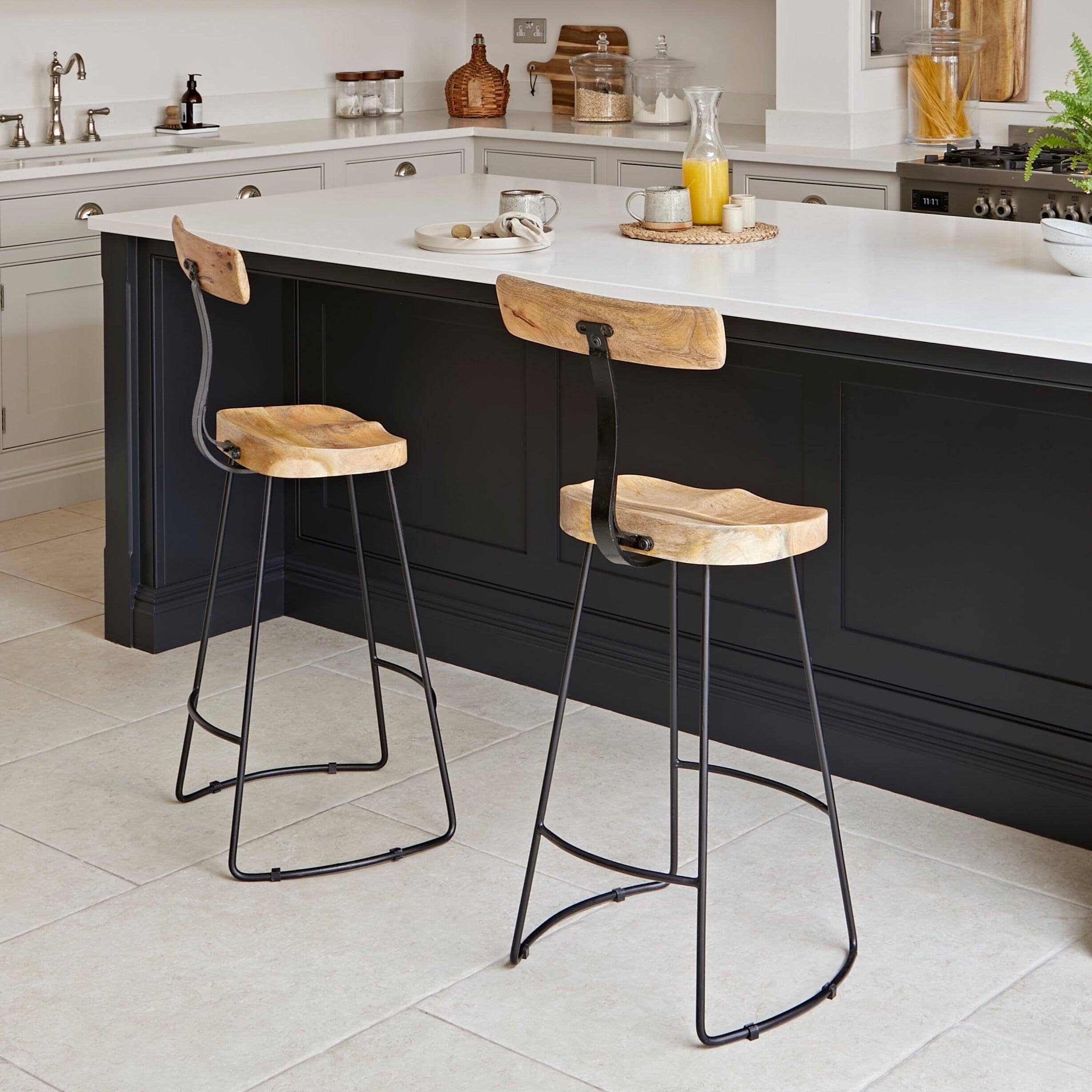Aiden Natural Mango Wood Bar Stools - Set of 2 - Black Iron Legs - Image 9