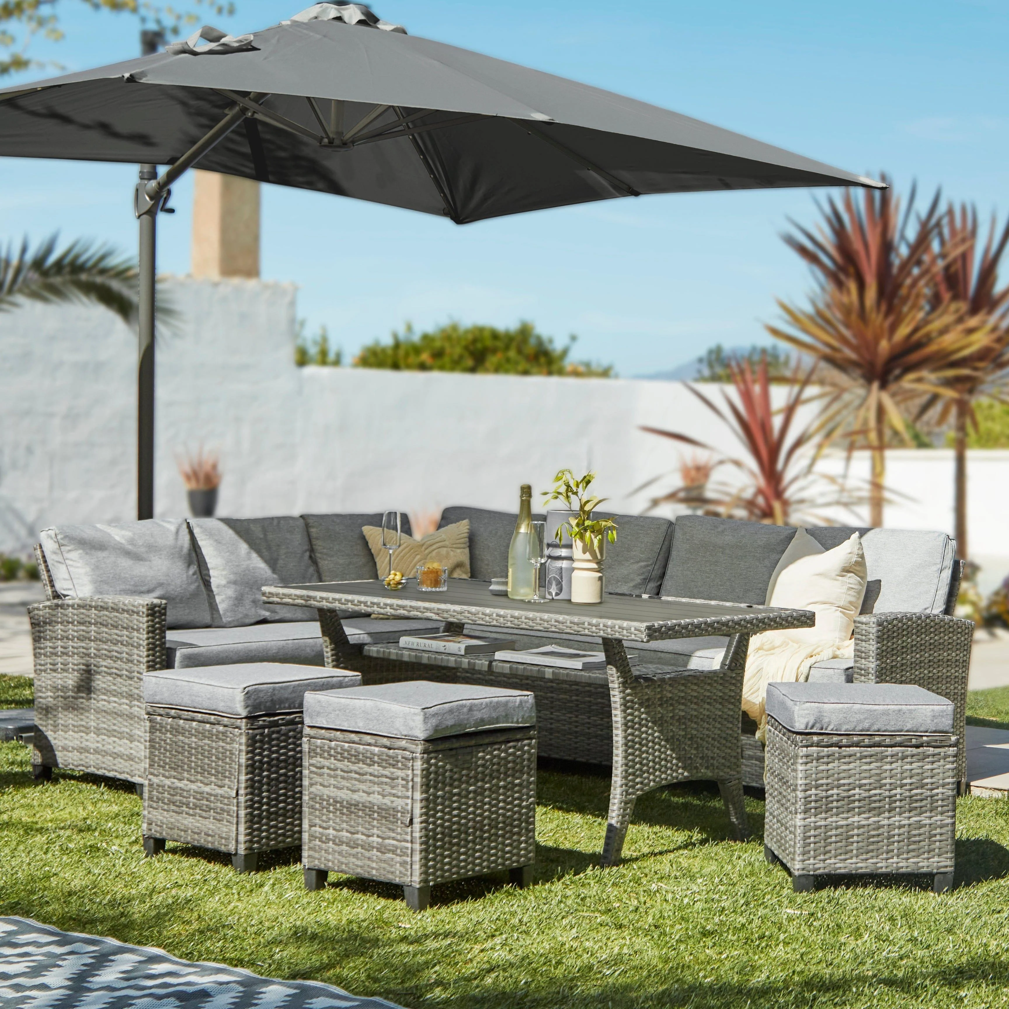 Aston 9 Seater Rattan Garden Corner Sofa Set with Grey Lean Over Parasol - Polywood Top - Grey - Image 2