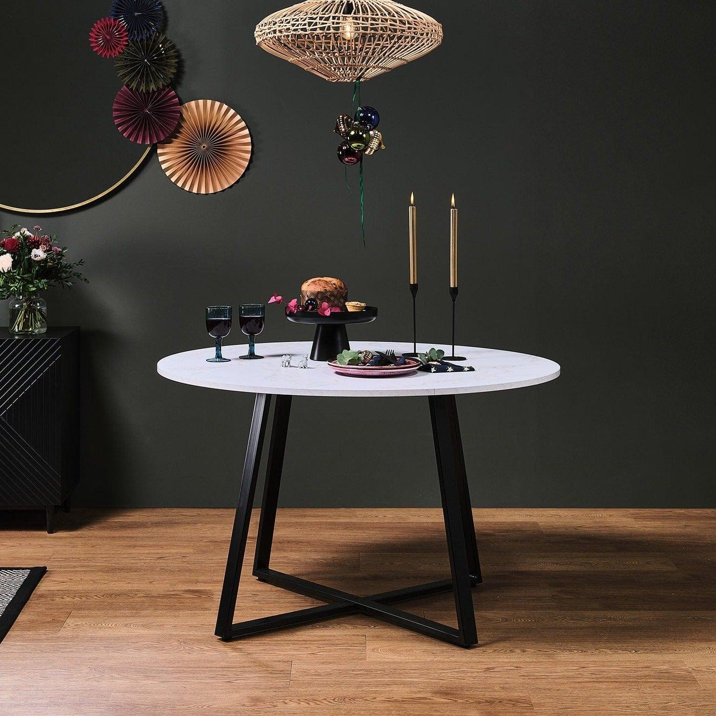 Clara Marble Effect Round Dining Table - Black Frame - Image 4