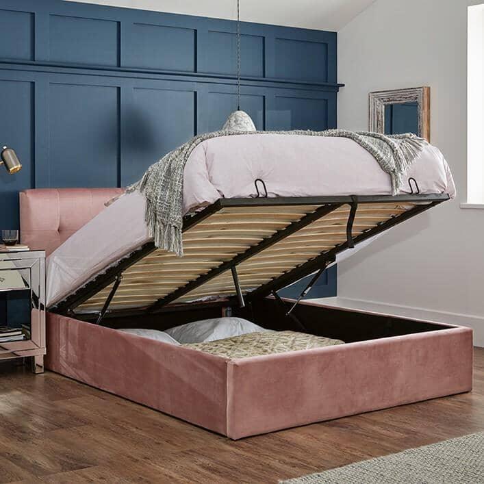 Outlet - Elle King Size Ottoman Bed - Pink Velvet - Image 2