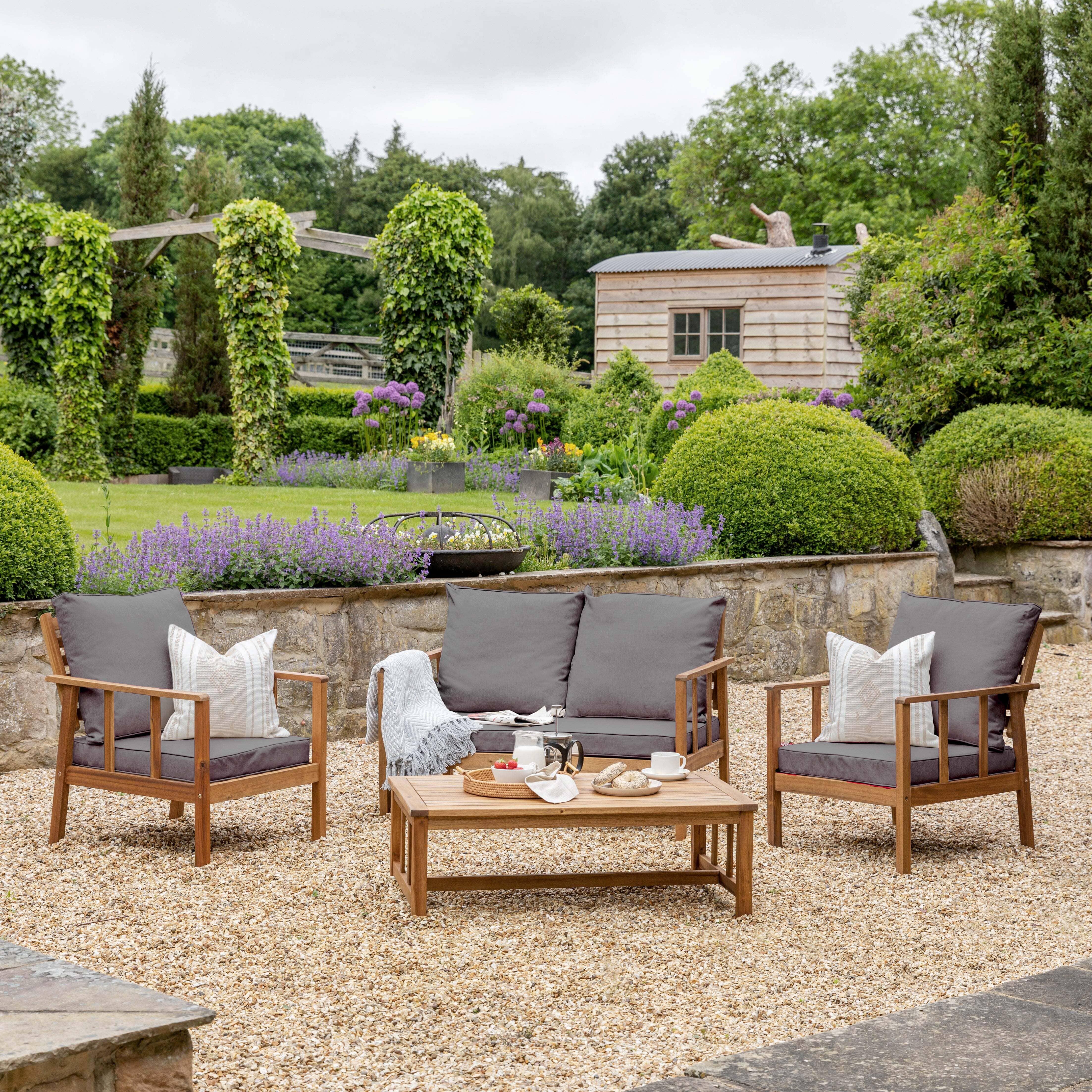 Harrelson Wooden Garden Sofa Set - Grey Cushions - Image 11