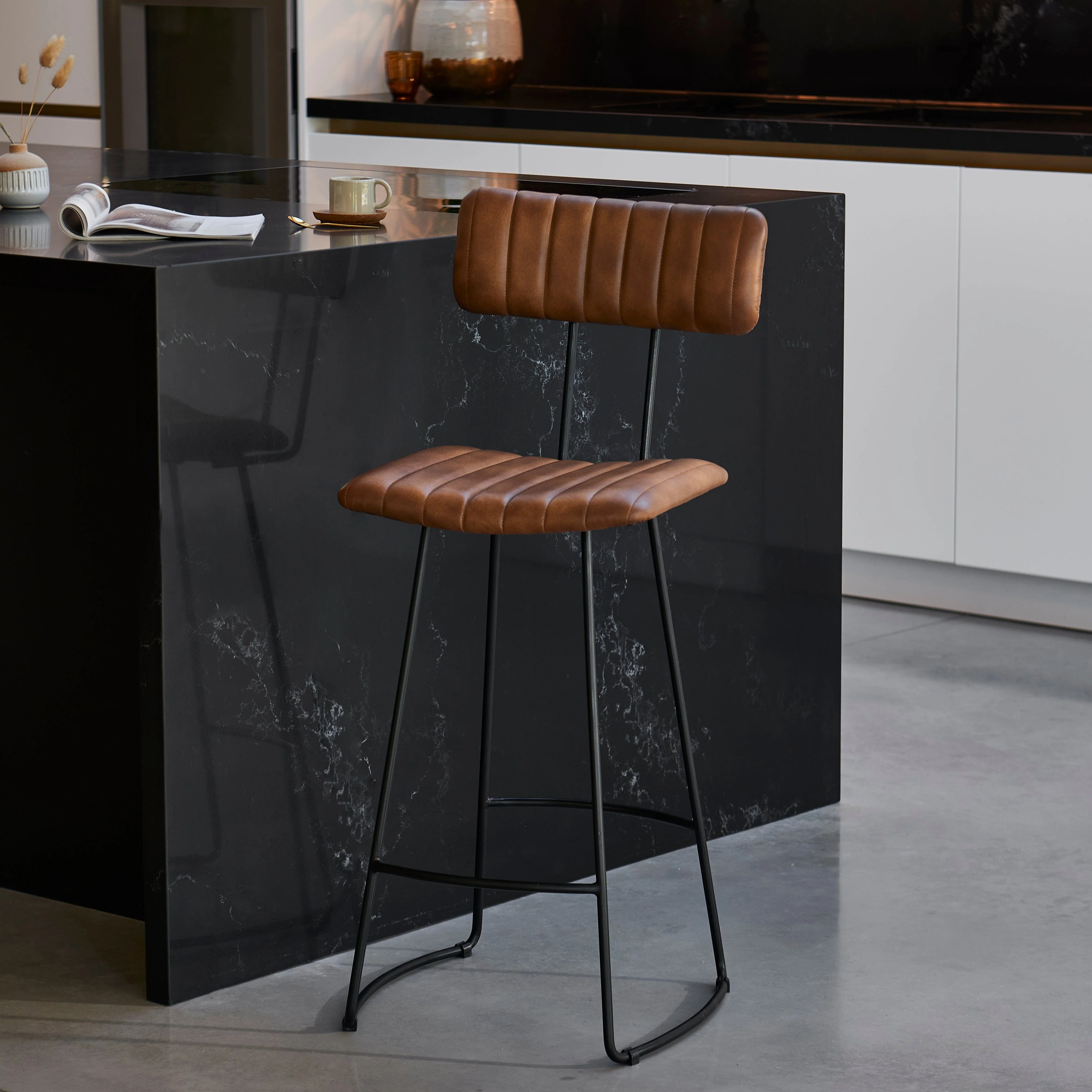 Outlet - Jayden Tan Leather Industrial Bar Stool - Set of 2 - Black Metal Legs - Image 3
