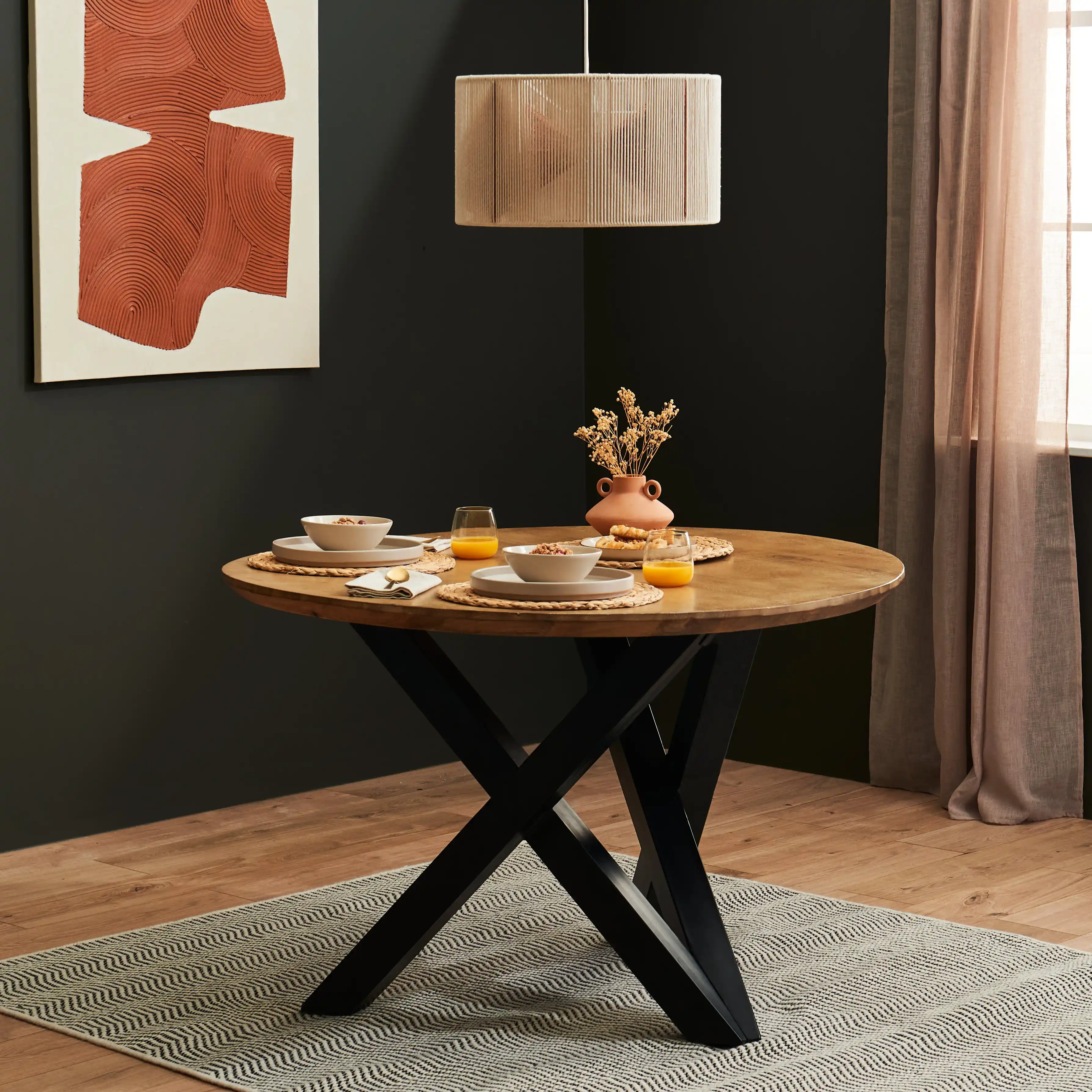 Levi Chalked Mango Wood Round Dining Table - Black Legs