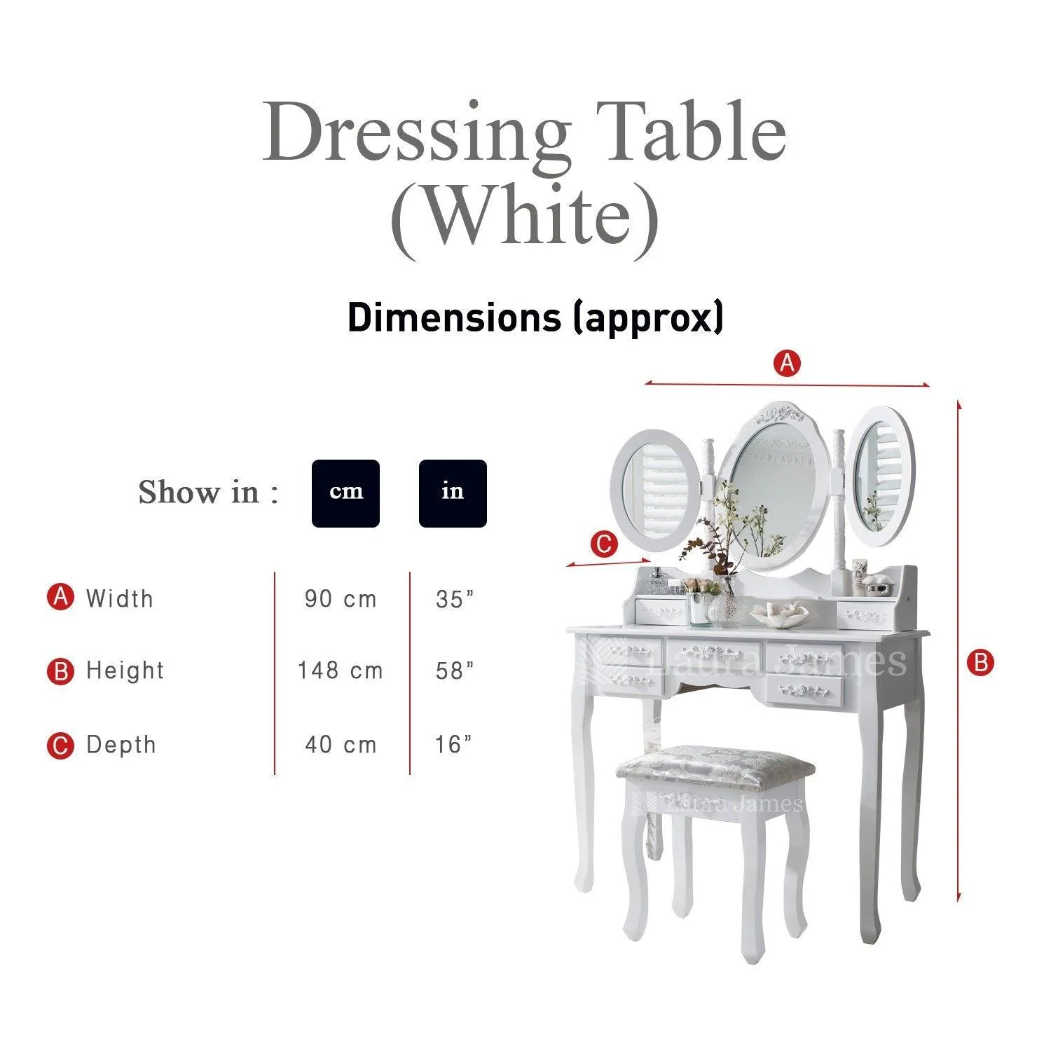 Outlet – Monaco Dressing Table, Stool & Mirror Set - White Painted - Image 9