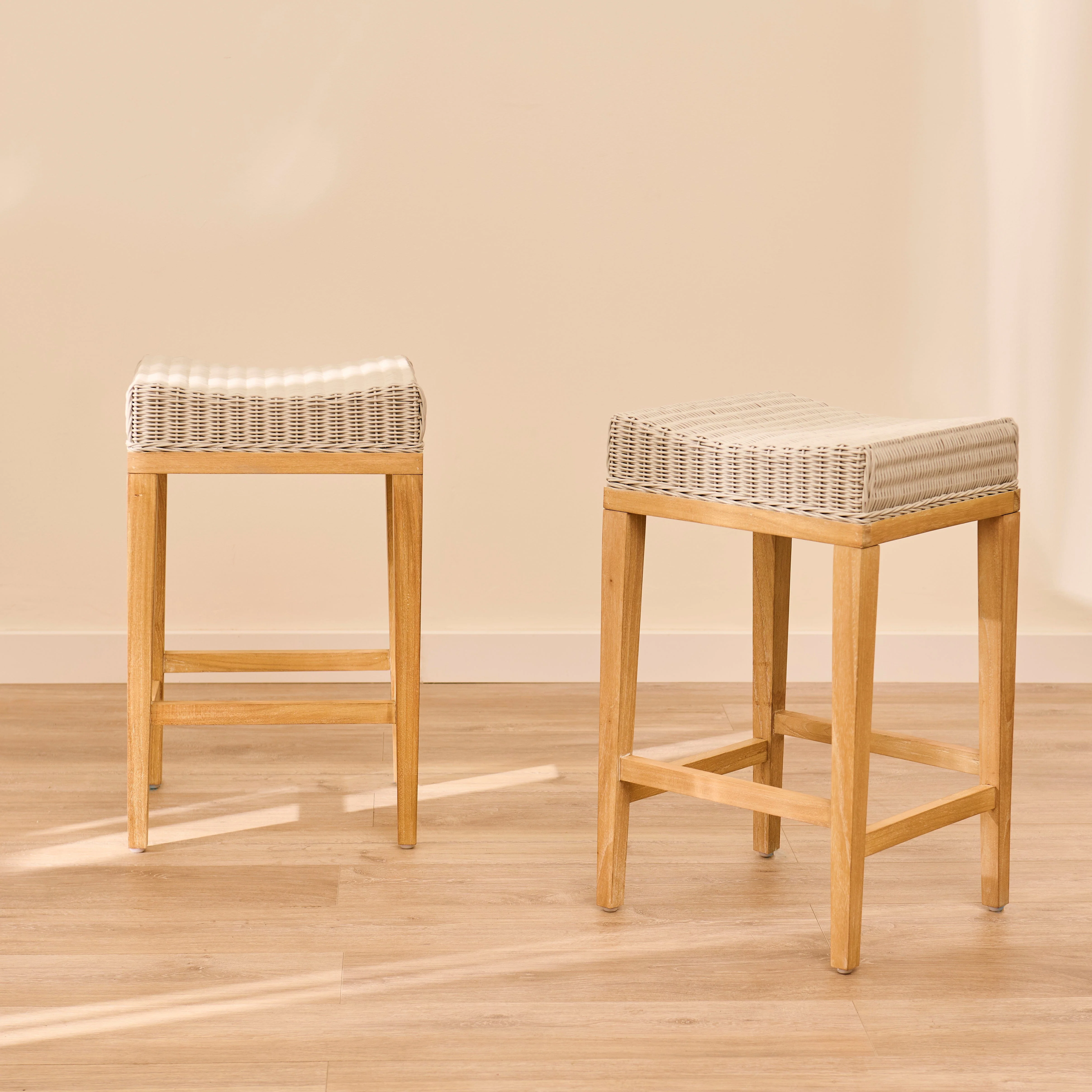 Reid Linen Grey Backless Bar Stools - Set of 2 - Whitewash Mindi Wood Legs
