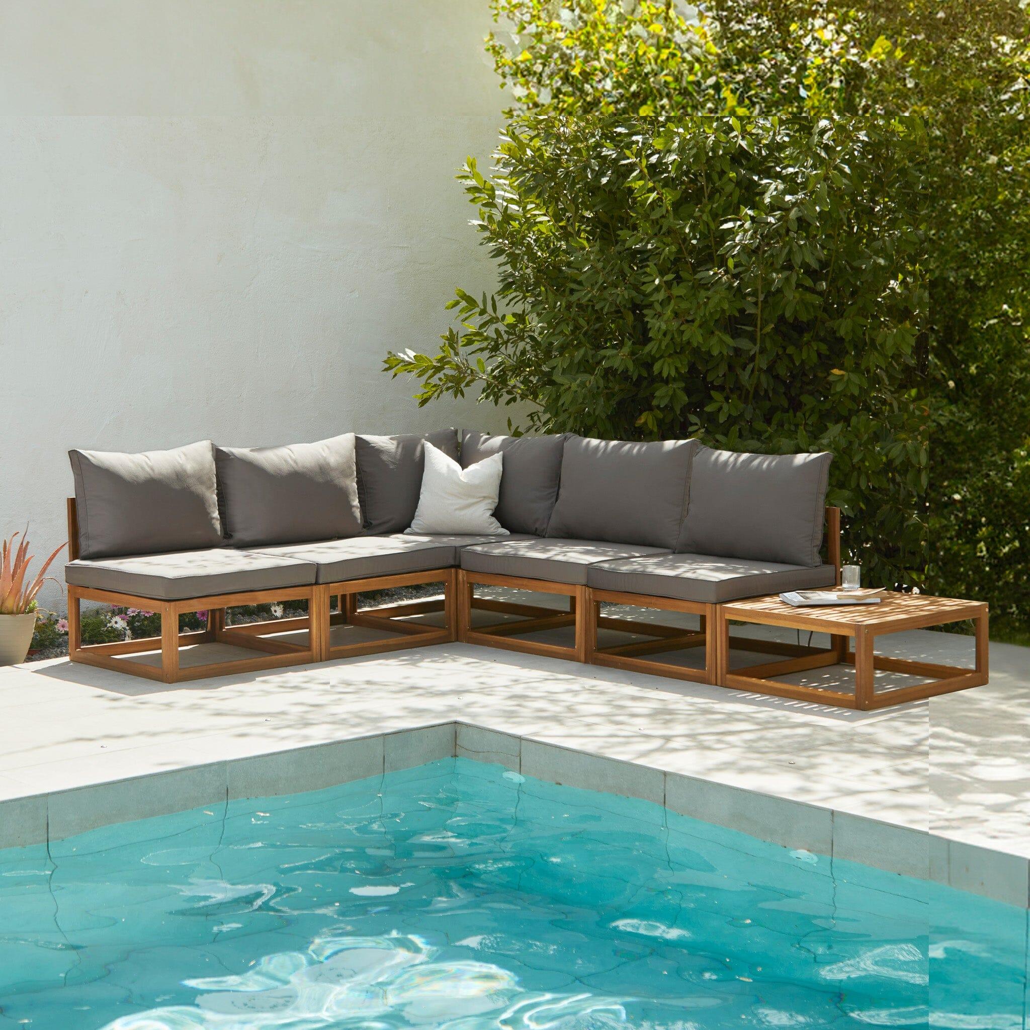 Rowan 5 Seater Wooden Garden Corner Sofa Set with Coffee Table - Grey