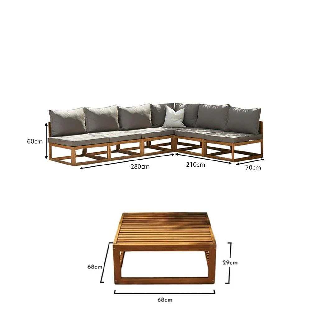 Rowan 6 Seater Wooden Garden Corner Sofa Set with Coffee Table - Grey - Image 7