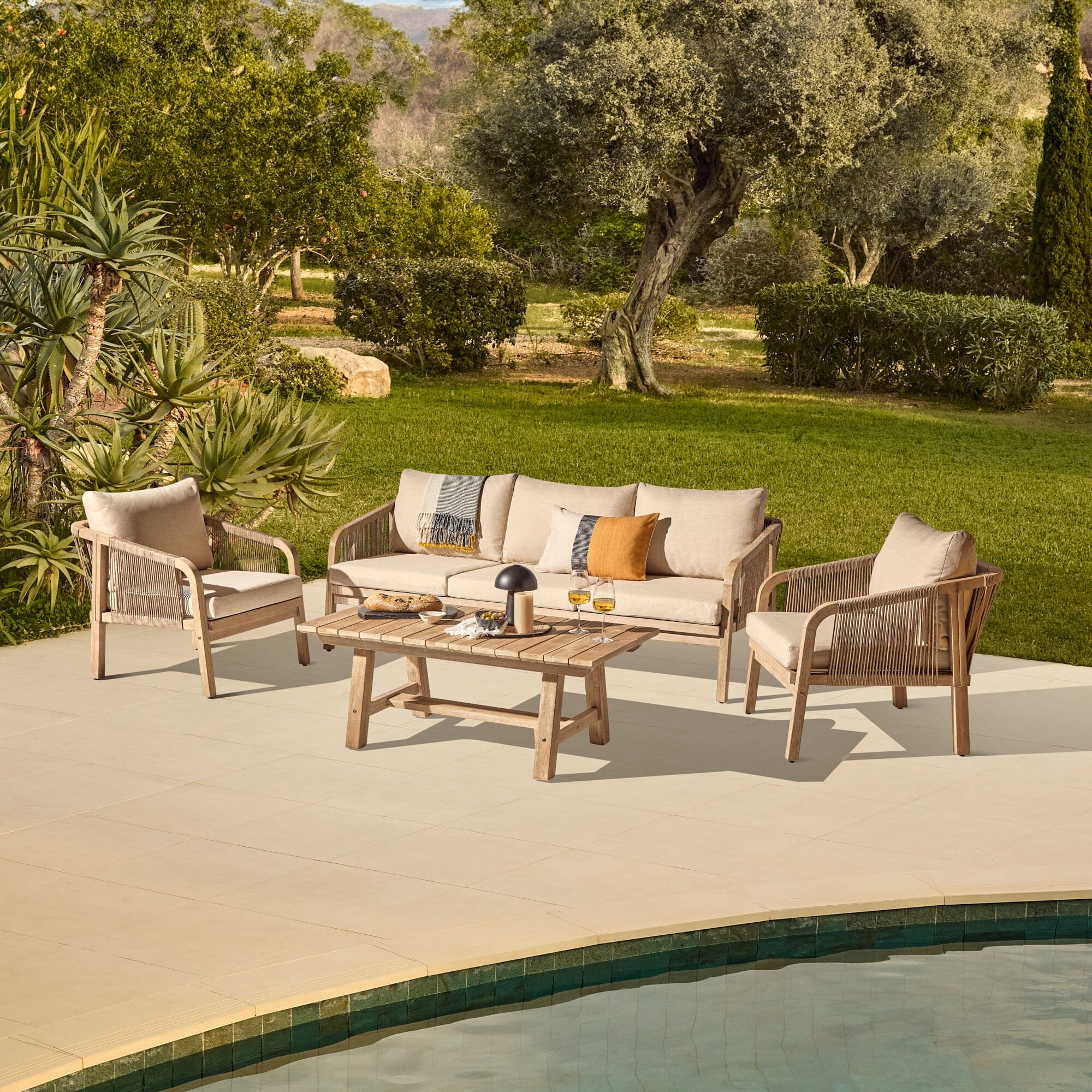 Shiro Wooden Garden Set with 3 Seater Sofa - 2 Shiro Armchairs & Coffee Table - Image 2