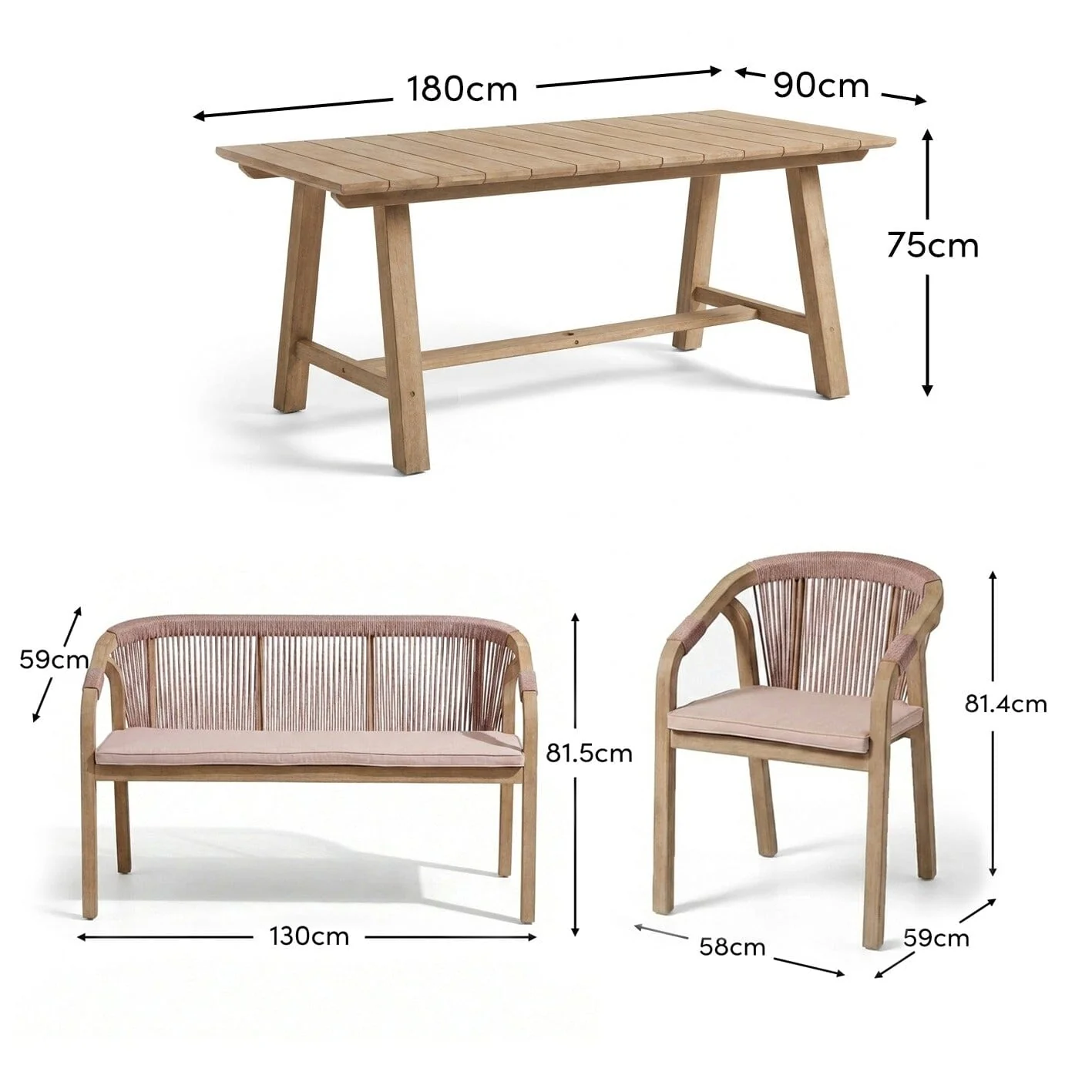 Shiro 6 Seater Wooden Garden Dining Set with 2 Shiro Benches & 2 Shiro Chairs - Pink Rope - Image 17