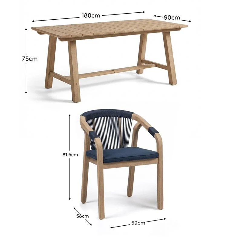Shiro 6 Seater Wooden Garden Dining Set with Shiro Rope Dining Chairs - Navy Rope - Image 20