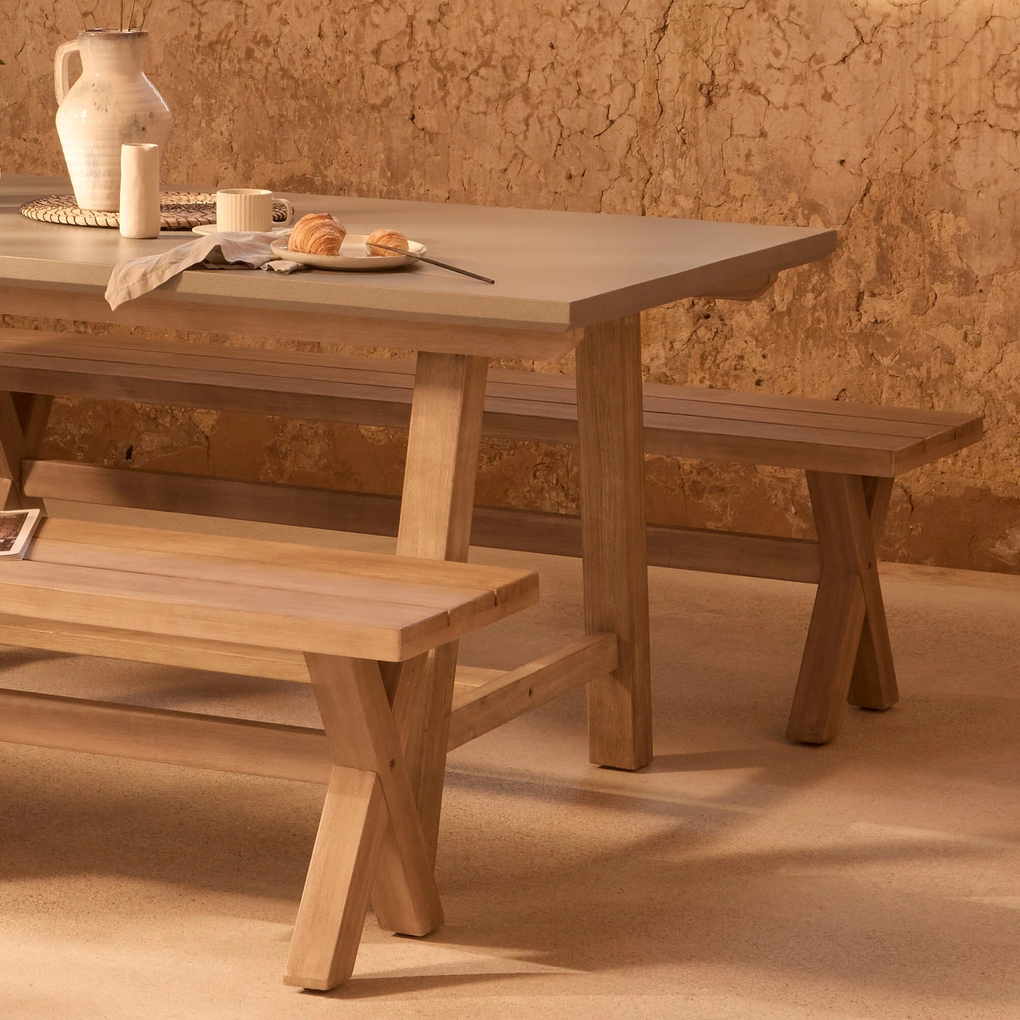 Shiro 6 Seater Pale Grey Garden Dining Set with 2 Charlotte Benches - Image 5