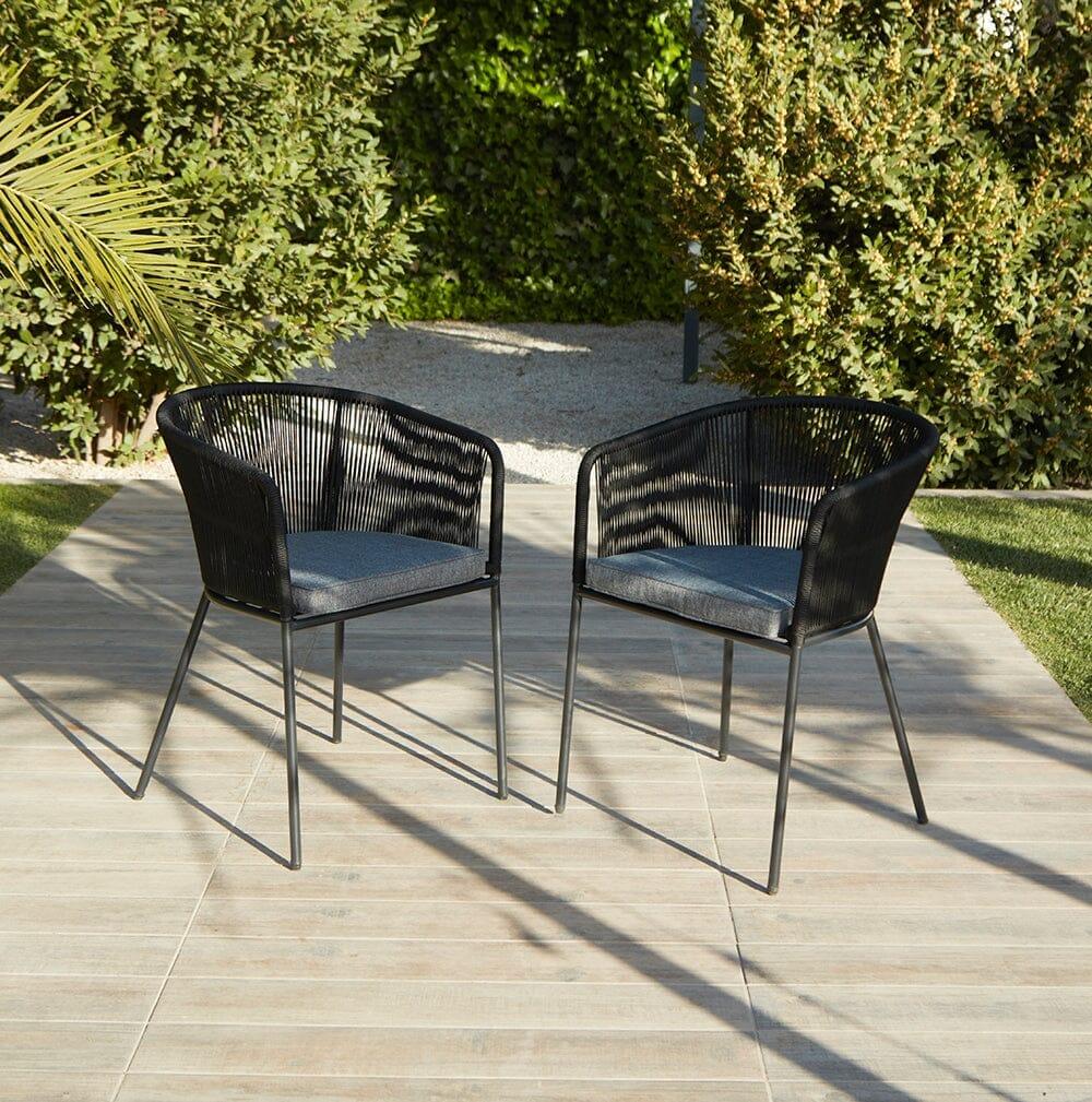 Shiro 6 Seater Wooden Round Dining Table with 6 Hali Black Rope Chairs & Grey Parasol - 160cm - Image 2