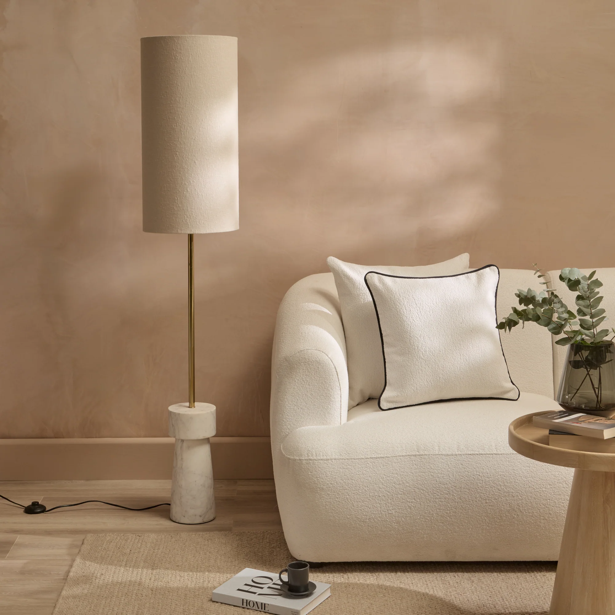 Tiree 97cm White Marble Floor Lamp Base with Tiree 30cm Tall Lamp Shade - Ivory Boucle - Image 5