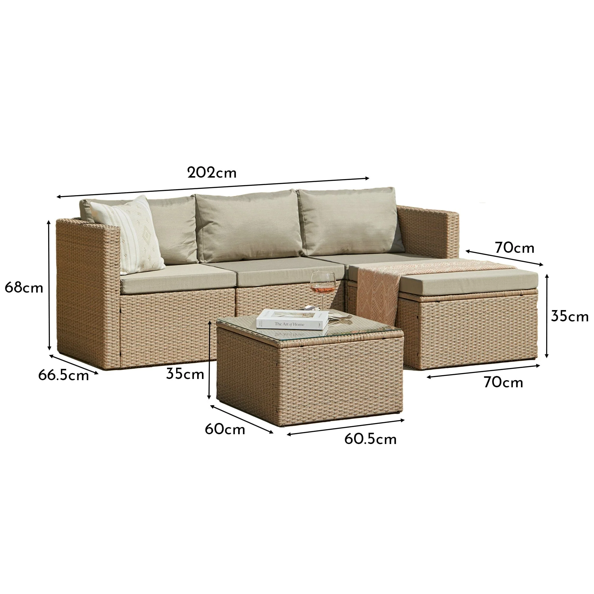 Weston 4 Seater Rattan Garden Corner Sofa Set with Cream Lean Over Parasol - Natural Weave - Image 14