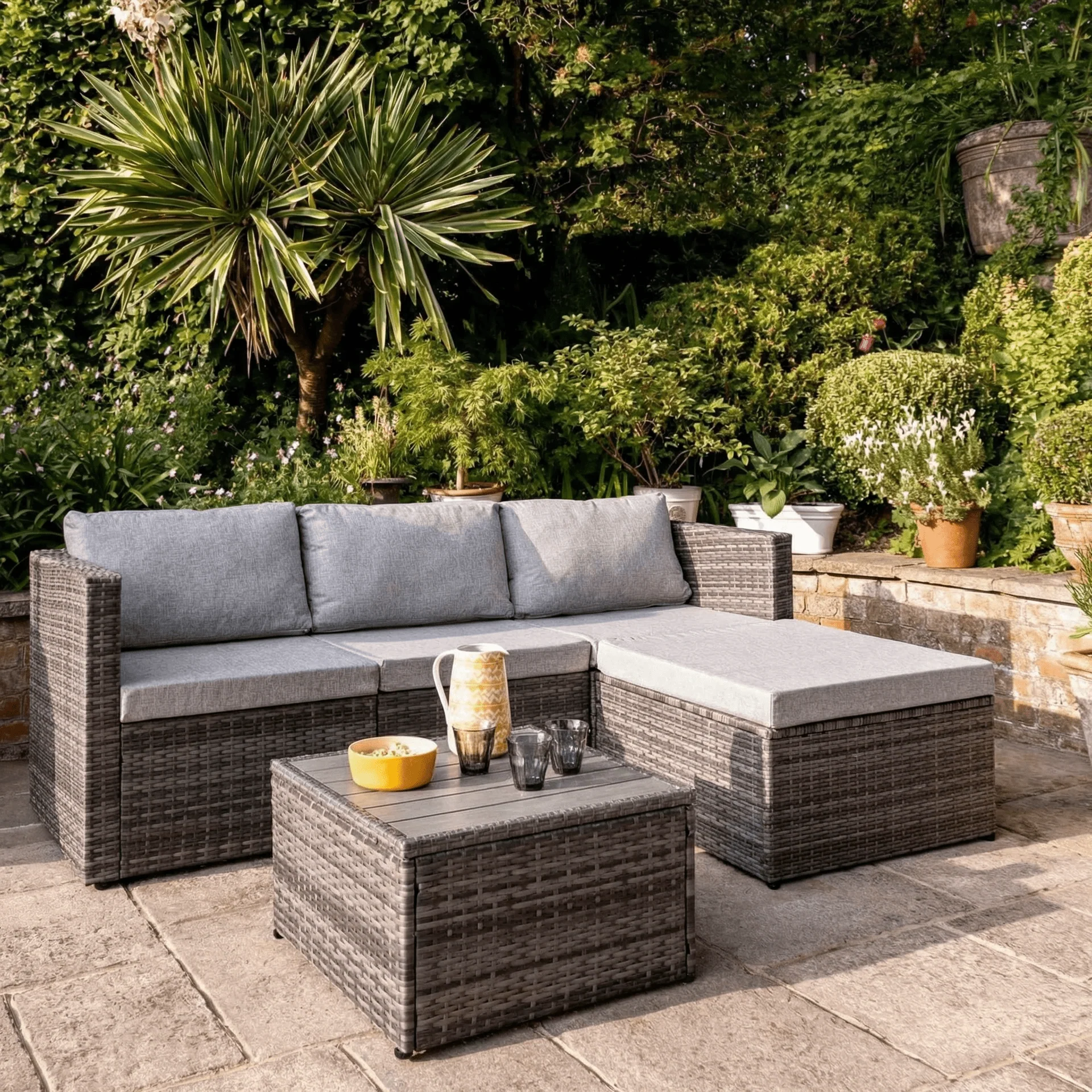 Weston 4 Seater Rattan Corner Sofa Set With Polywood Top - Grey Weave