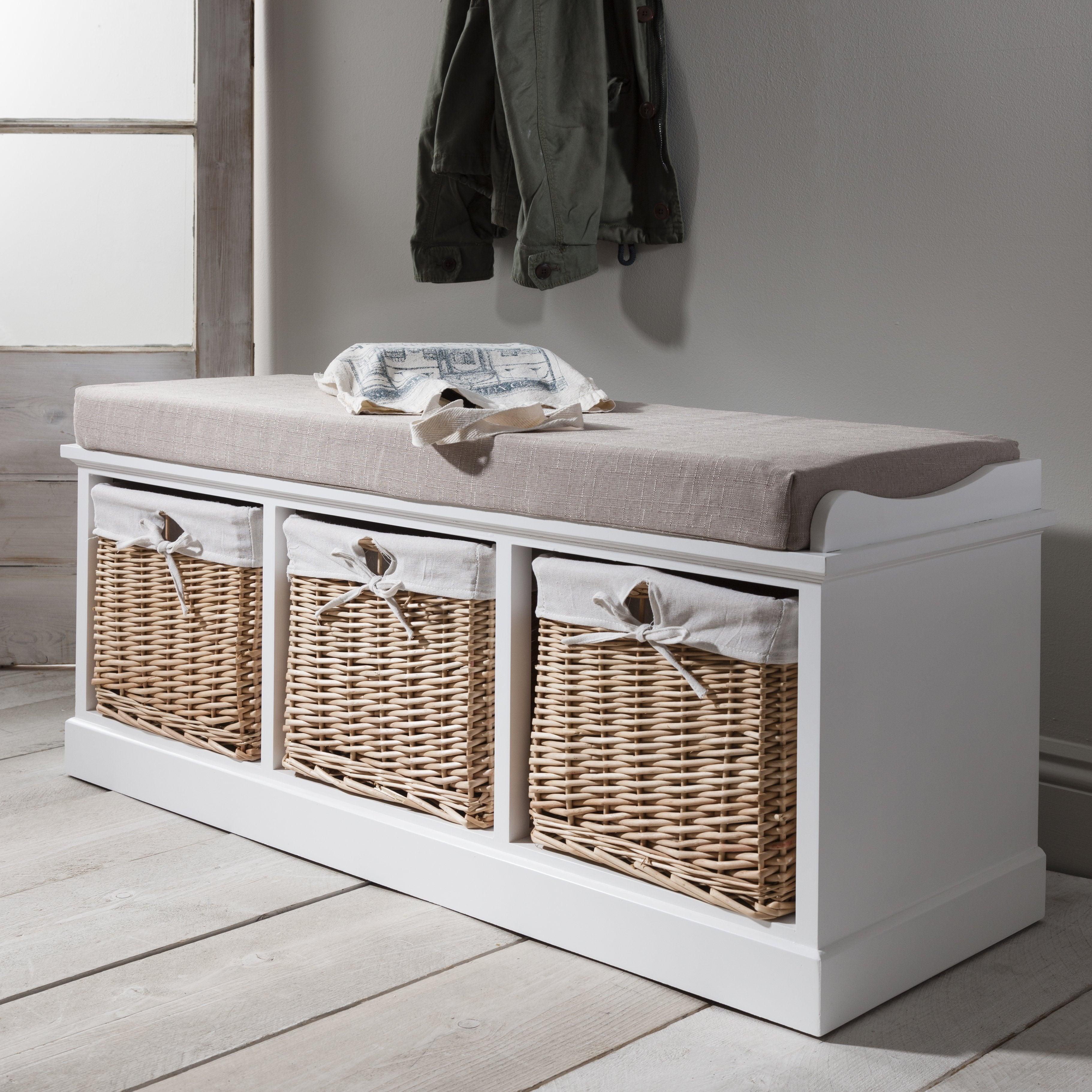 Fyfield 3 Seater Hallway Storage Bench with Storage - White - Image 2