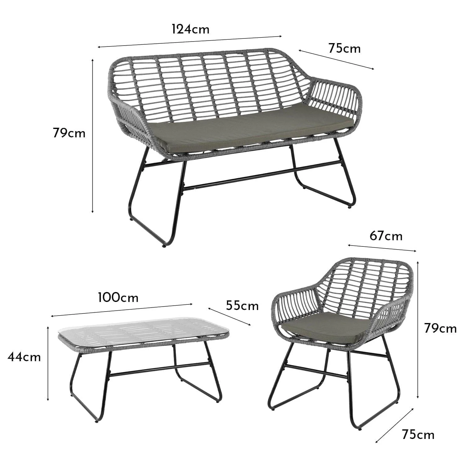 Wick Rattan Garden Sofa Set with Cream Parasol - Light Grey - Image 10