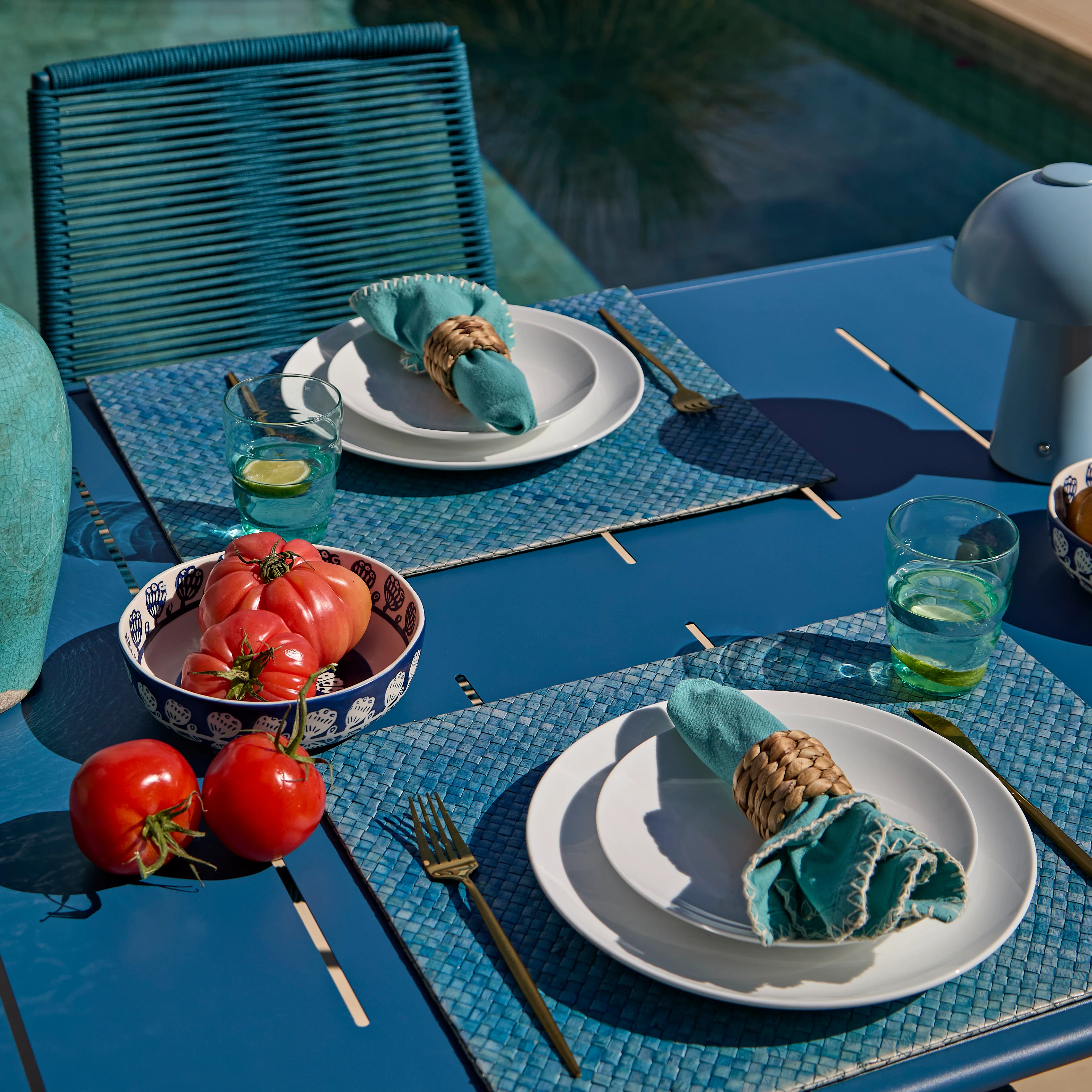 Wilder 6 Seater Blue Garden Dining Set with Ryder Teal Chairs - Image 10