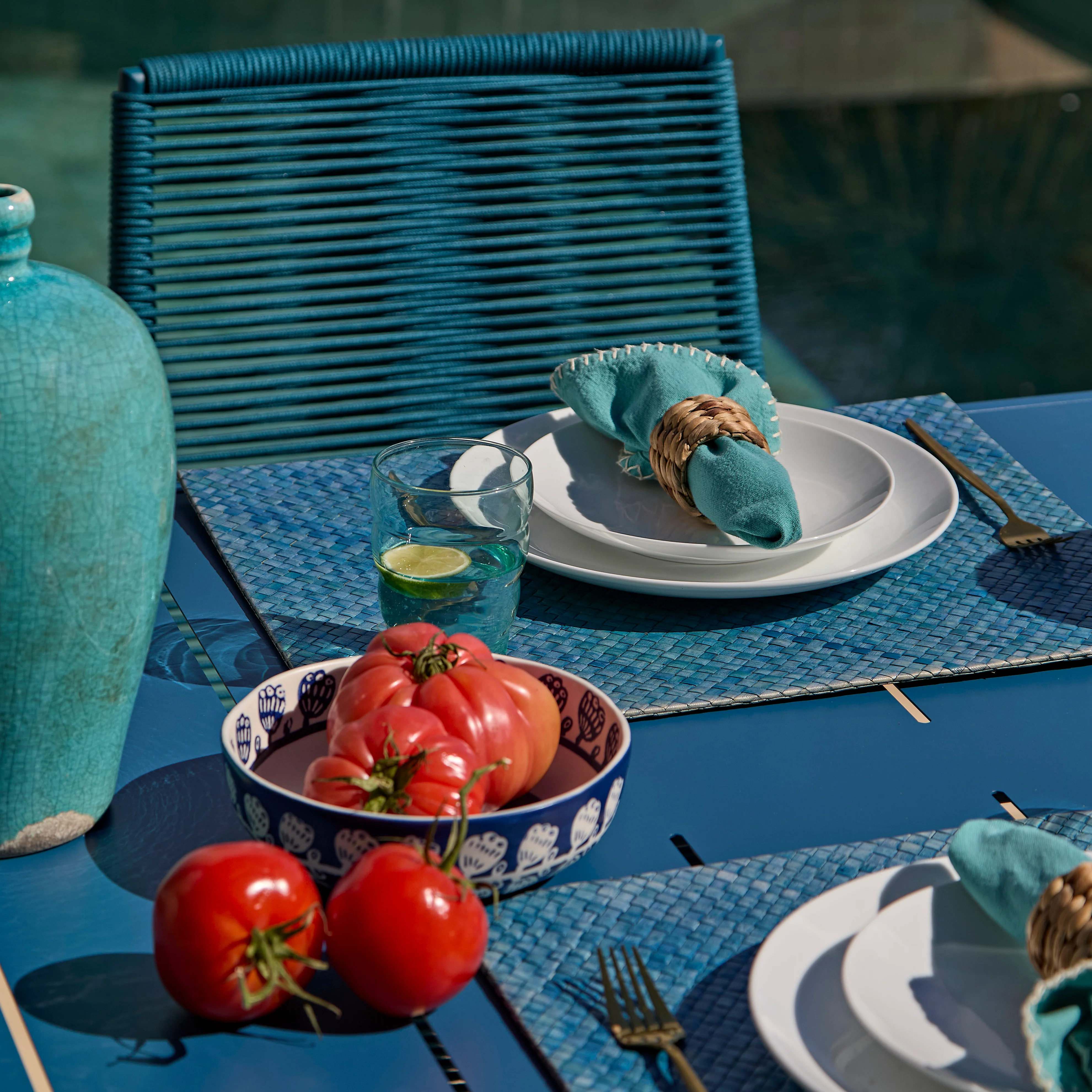 Wilder 6 Seater Blue Garden Dining Set with Ryder Teal Chairs - Image 2