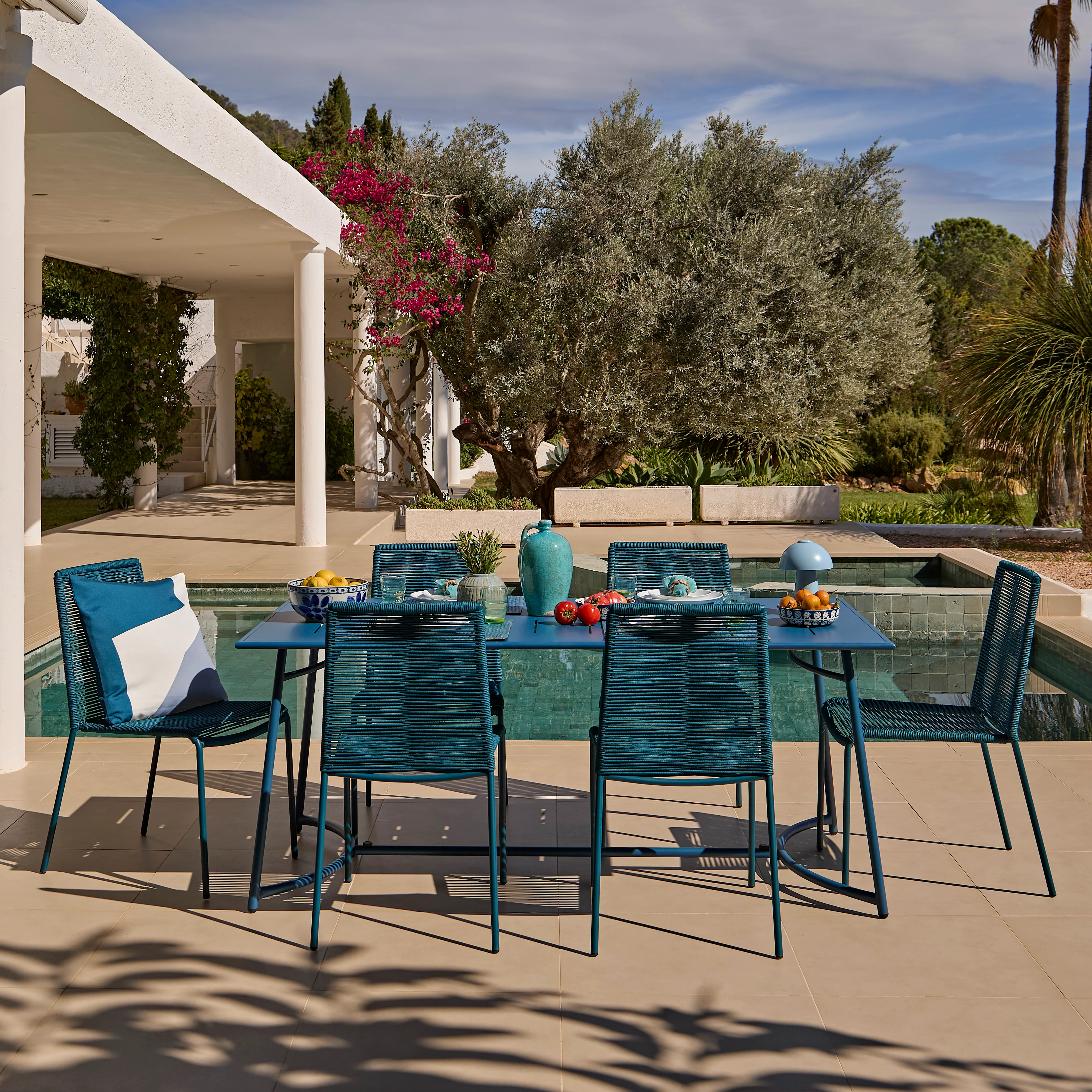 Wilder 6 Seater Blue Garden Dining Set with Ryder Teal Chairs - Image 4