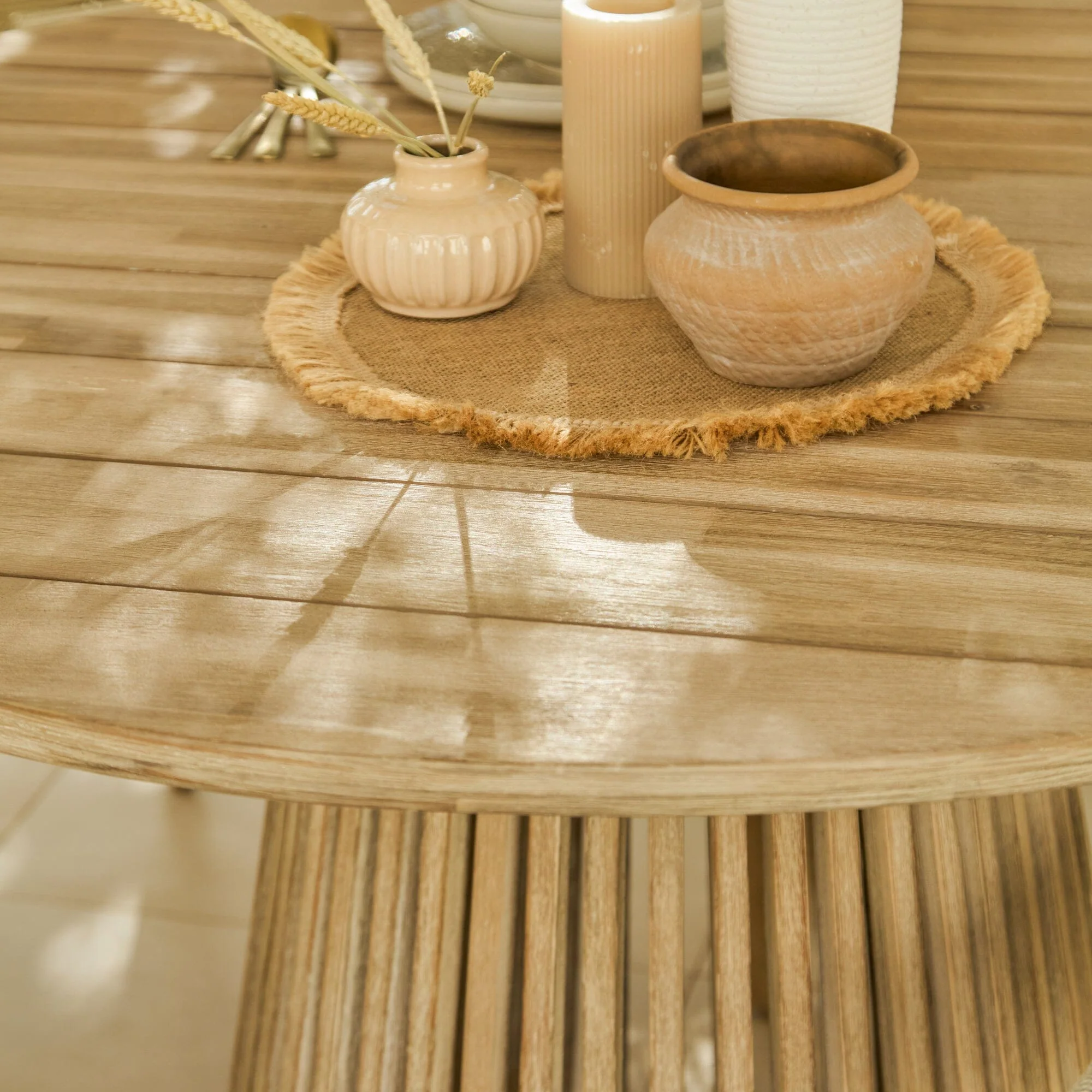 Willow 4 Seater Wooden Brushed Light Acacia Round Dining Set with Saffron Natural and Beige Chairs - Image 5
